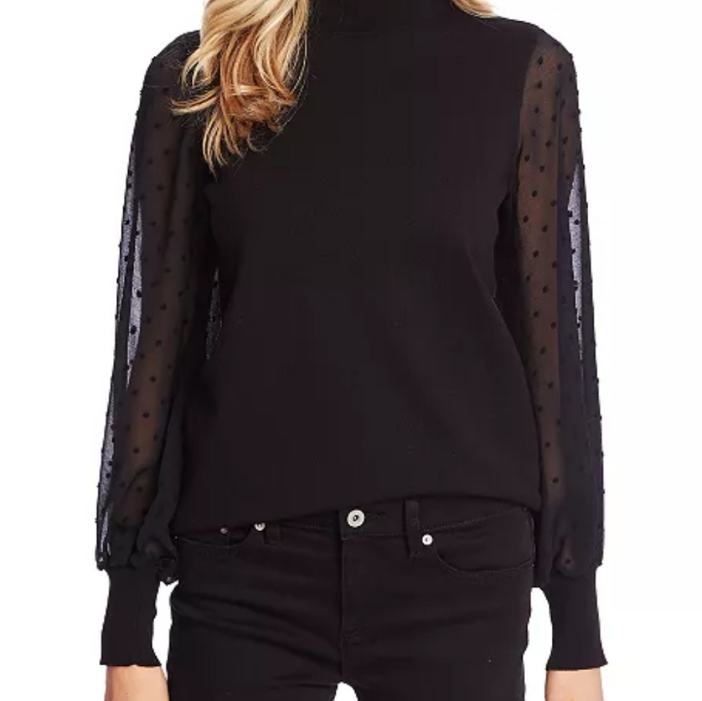 CeCe Black Clip Dot Sleeve Light Pullover Mock Neck Sweater